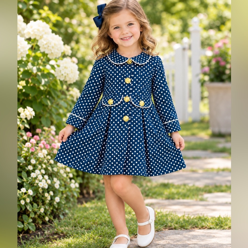 Blueberi Gold Navy Blue & White Polka Dot Dress Coat Vintage Inspired Size 4T